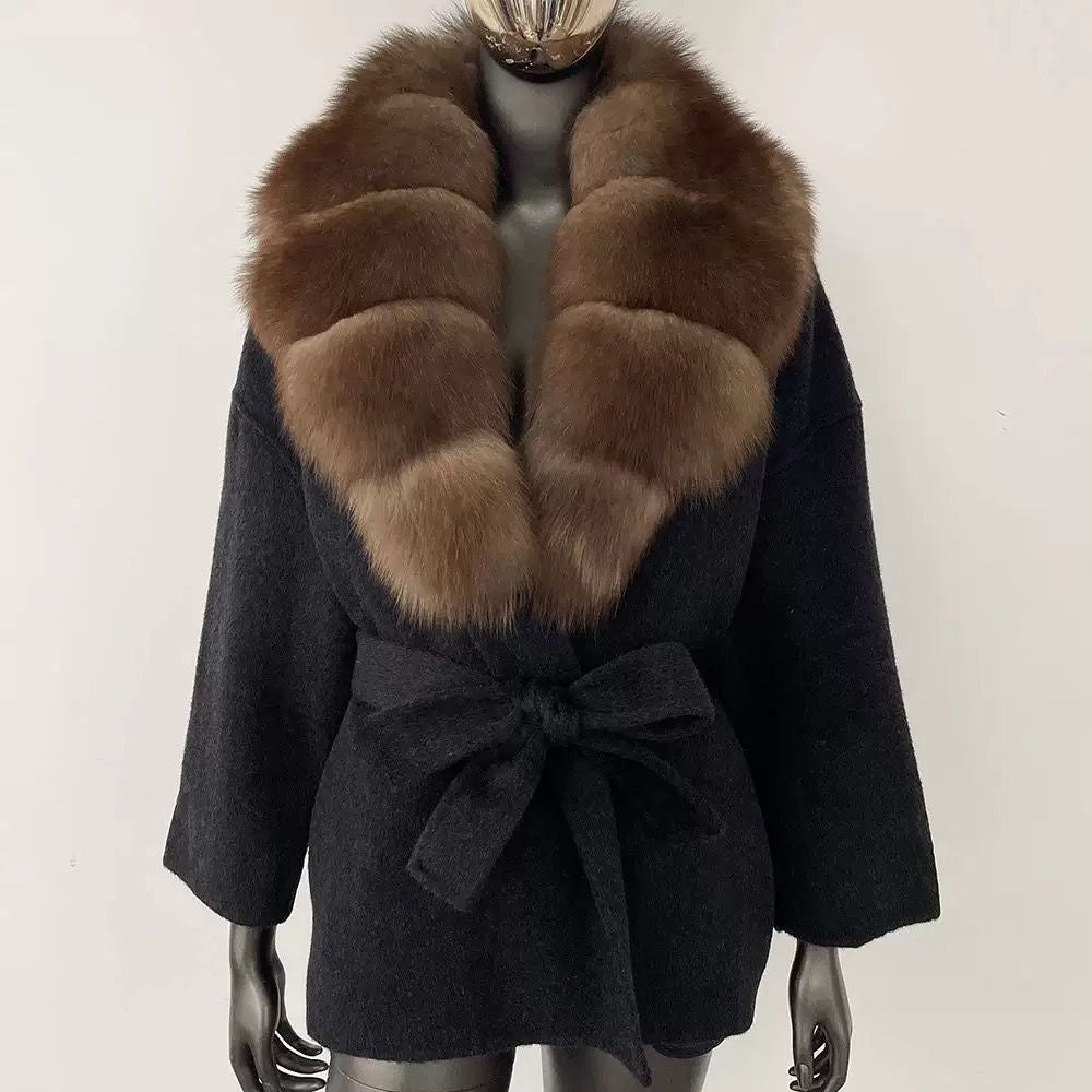 Fur-Collar Belted Wool Coat