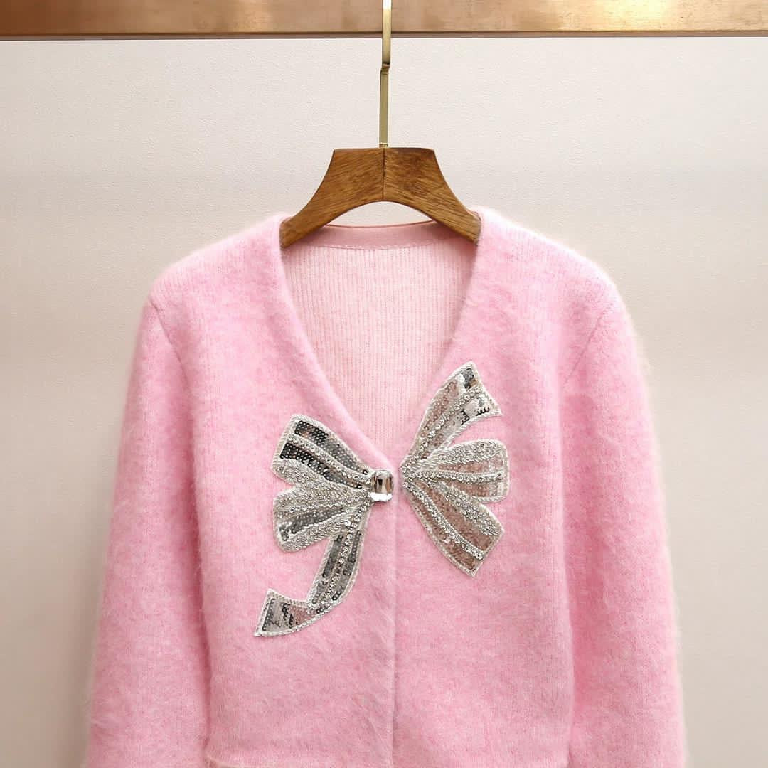 Blush Glam Bow-Embellished Fuzzy Cardigan