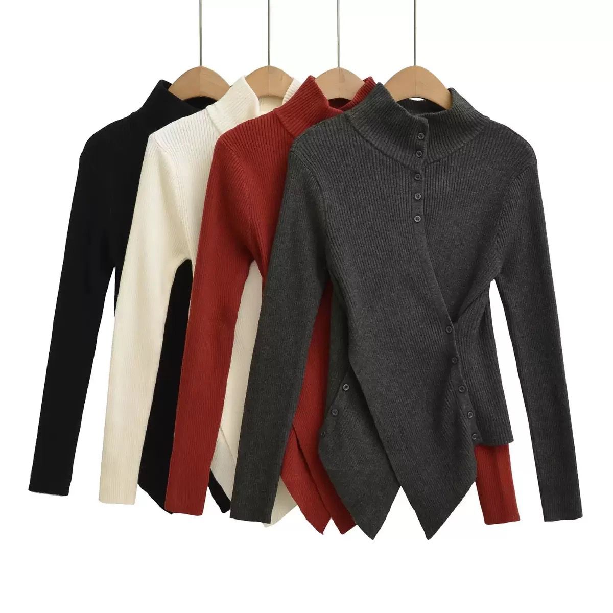 Asymmetrical Ribbed Button Top with Diagonal Hemline