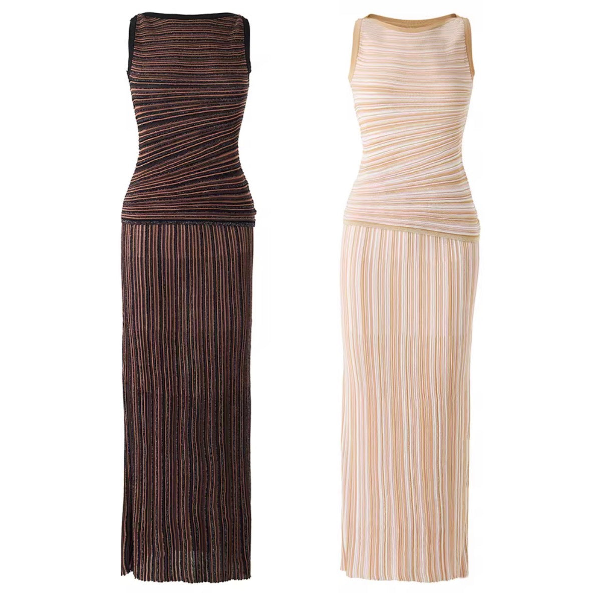 Pleated Striped Knit Maxi Dress
