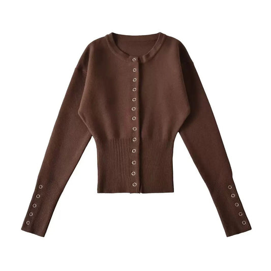 Long-Sleeve Knit Cardigan with Front Buttons and Fitted Waist