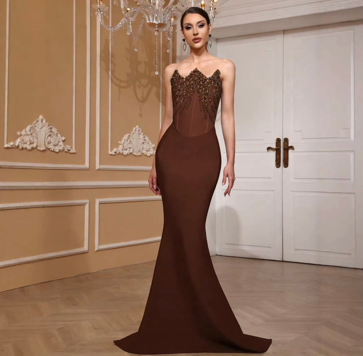 Embellished Mocha Corset Gown