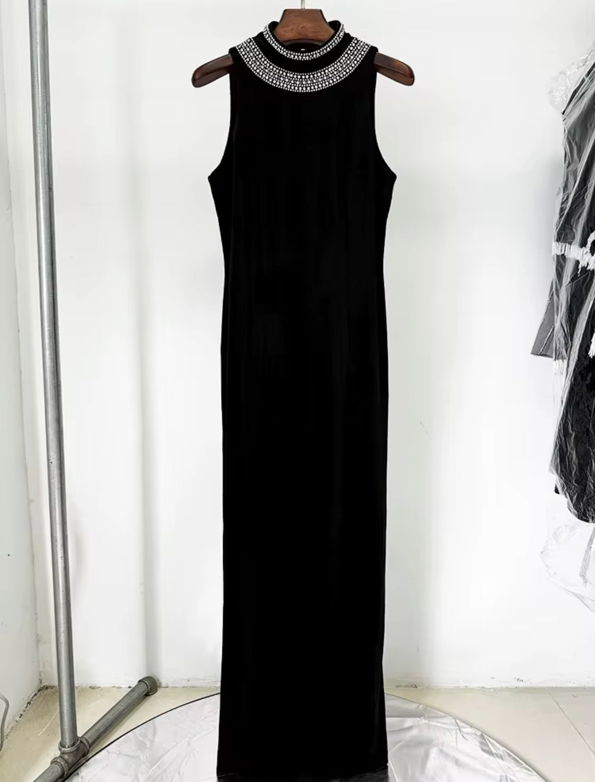 Black Velvet Halter Maxi Dress with Embellished Collar