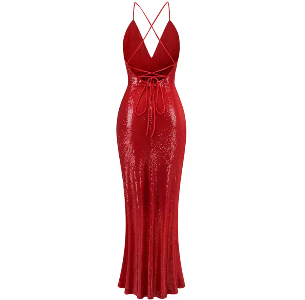 Red Halter Sequin Gown with Deep Plunge and Mermaid Hem