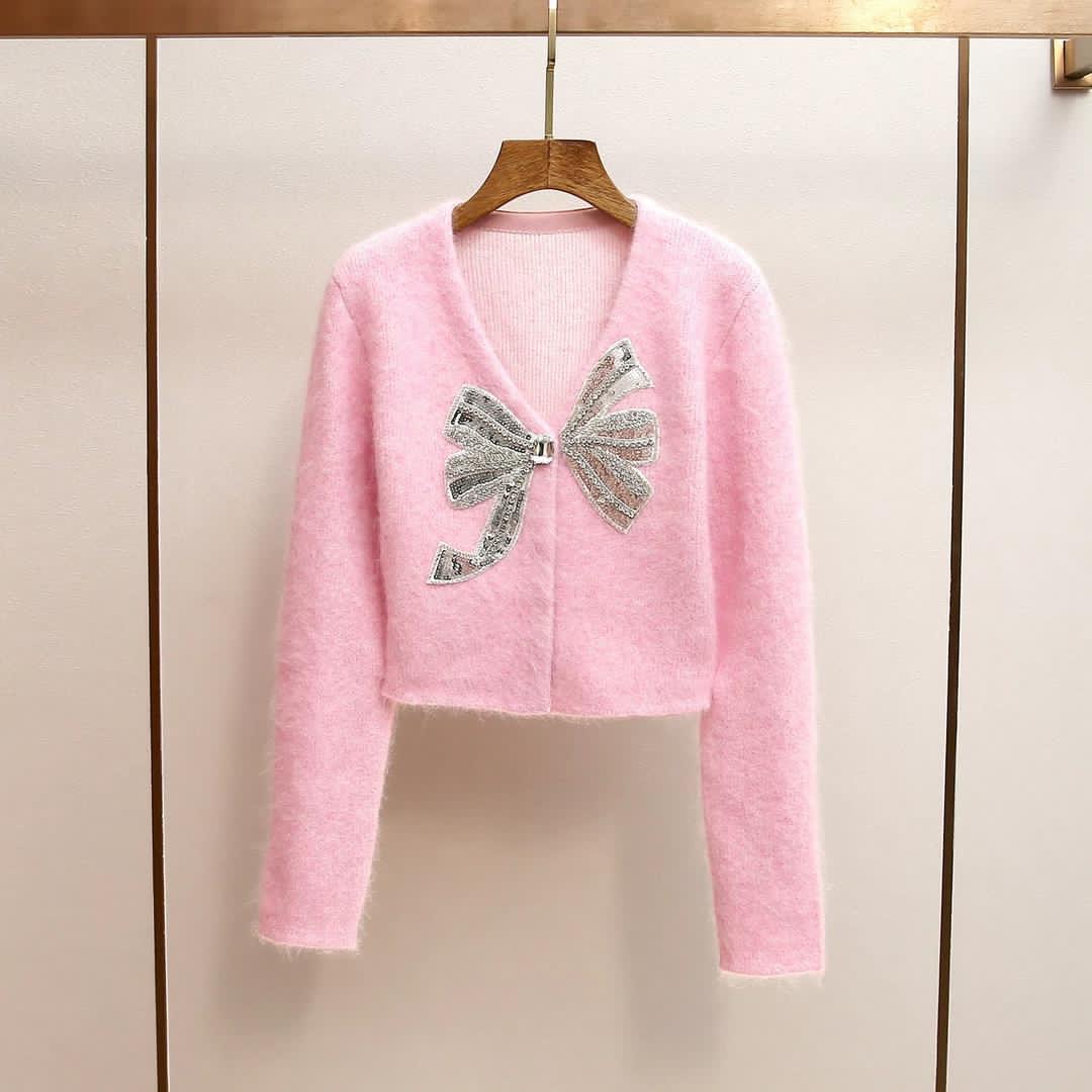 Blush Glam Bow-Embellished Fuzzy Cardigan