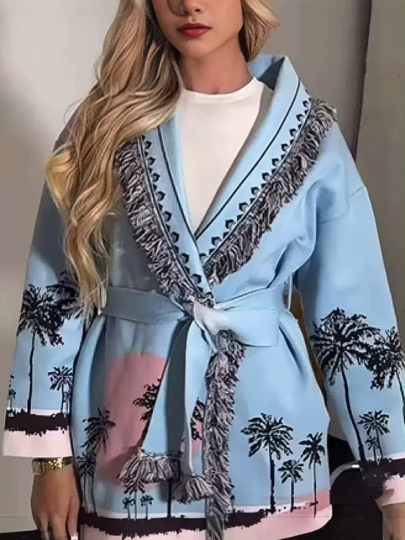 Fringed Palm Print Belted Cardigan
