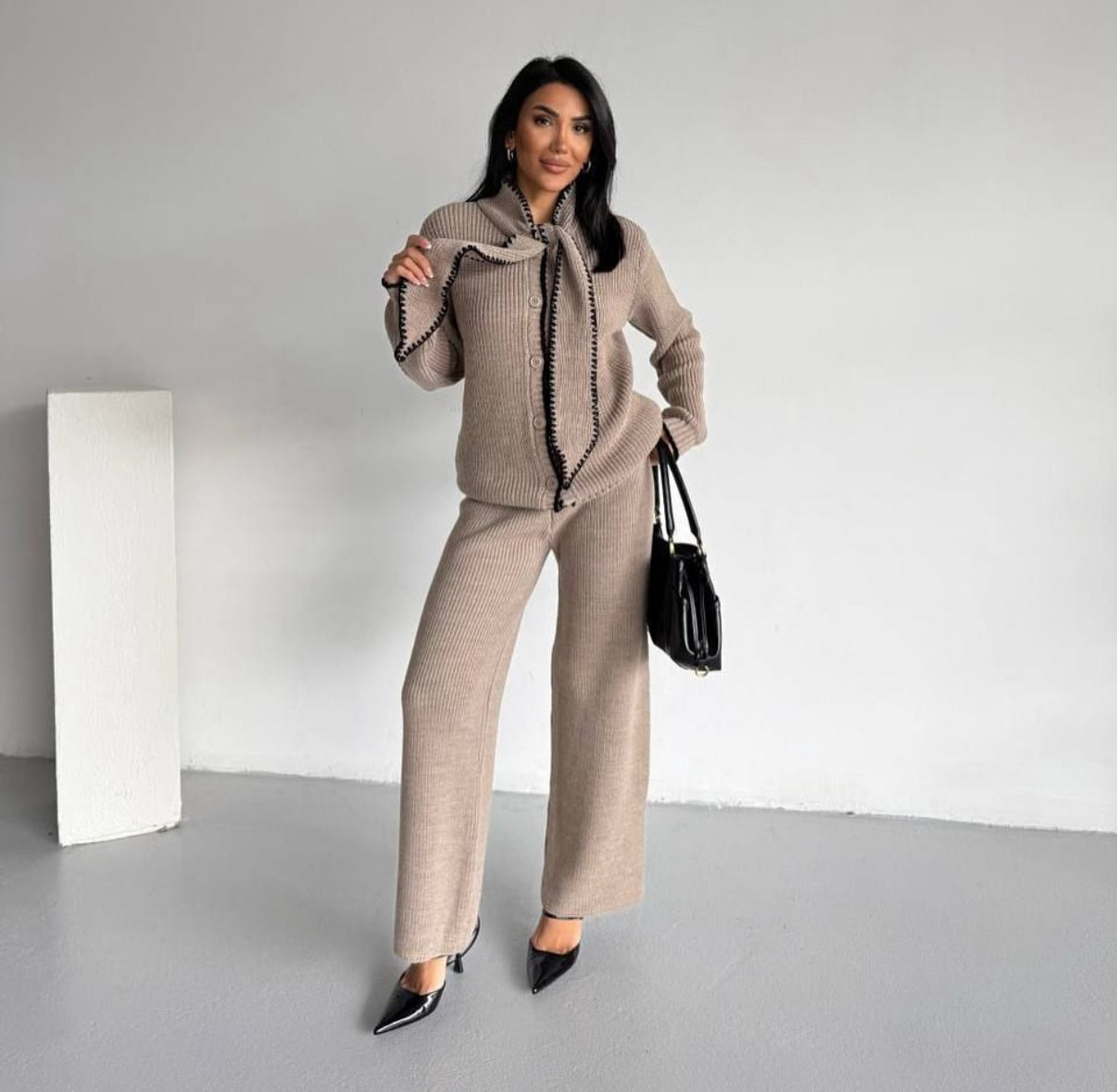 Taupe Ribbon Knit Ensemble