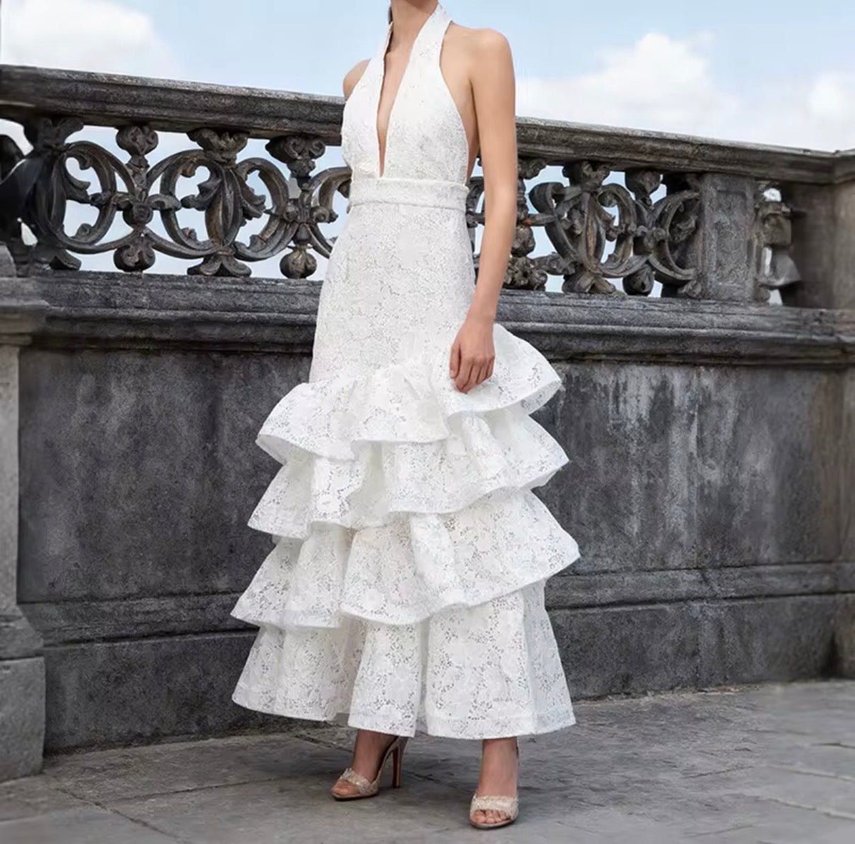 Ivory Lace Ruffle Gown