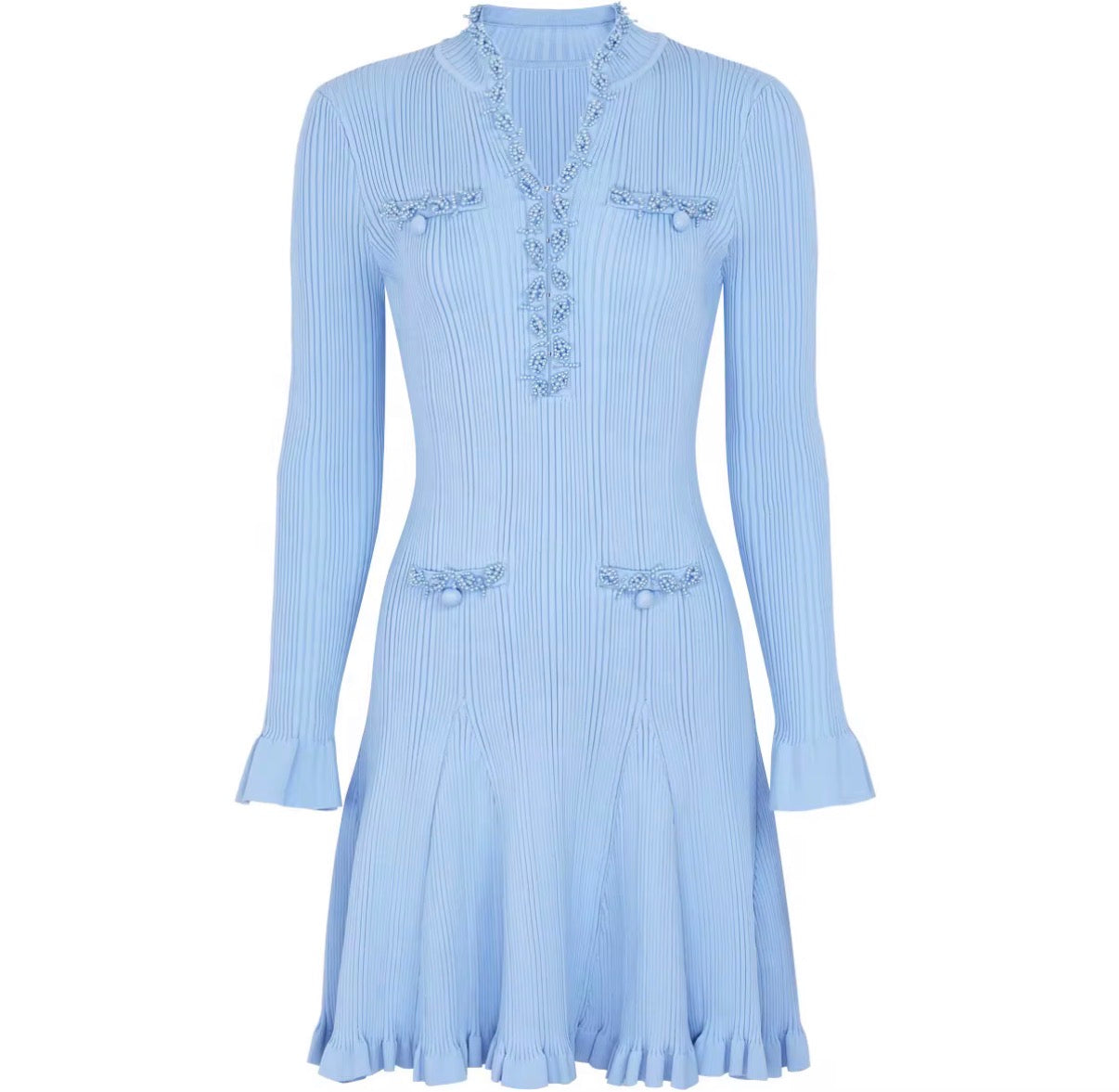 Pearl Embellished Ribbed Knit Mini Dress