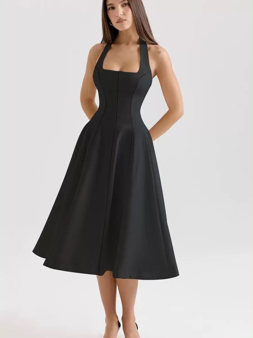 Black Halter A-Line Midi Dress