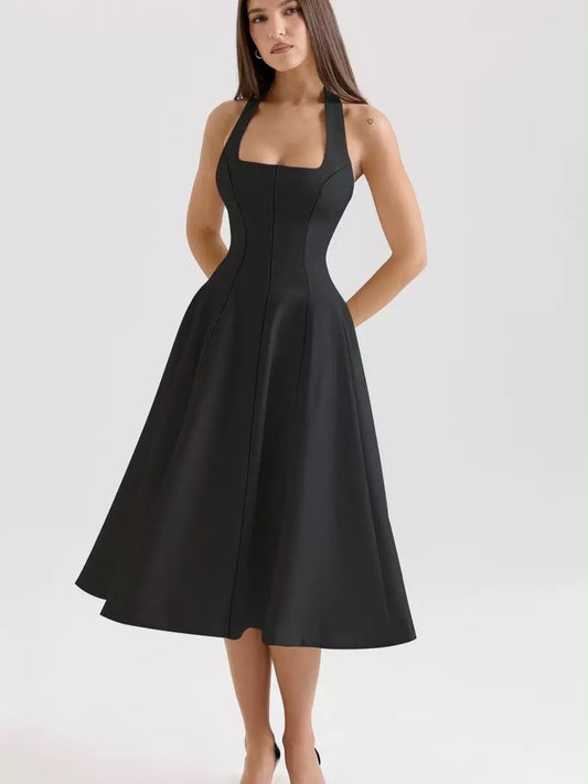 Black Halter A-Line Midi Dress