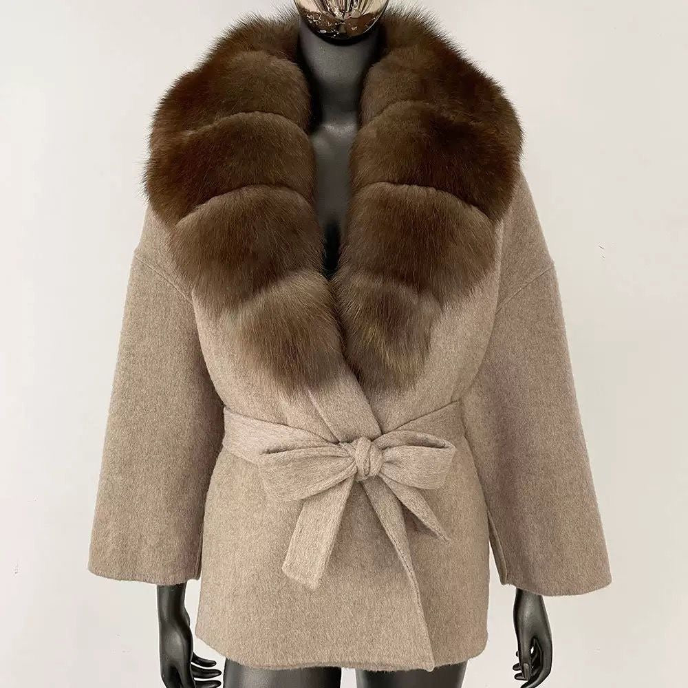 Fur-Collar Belted Wool Coat
