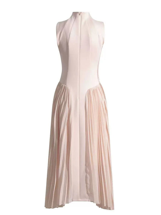High-Neck Pleated Dress with Fitted Waist