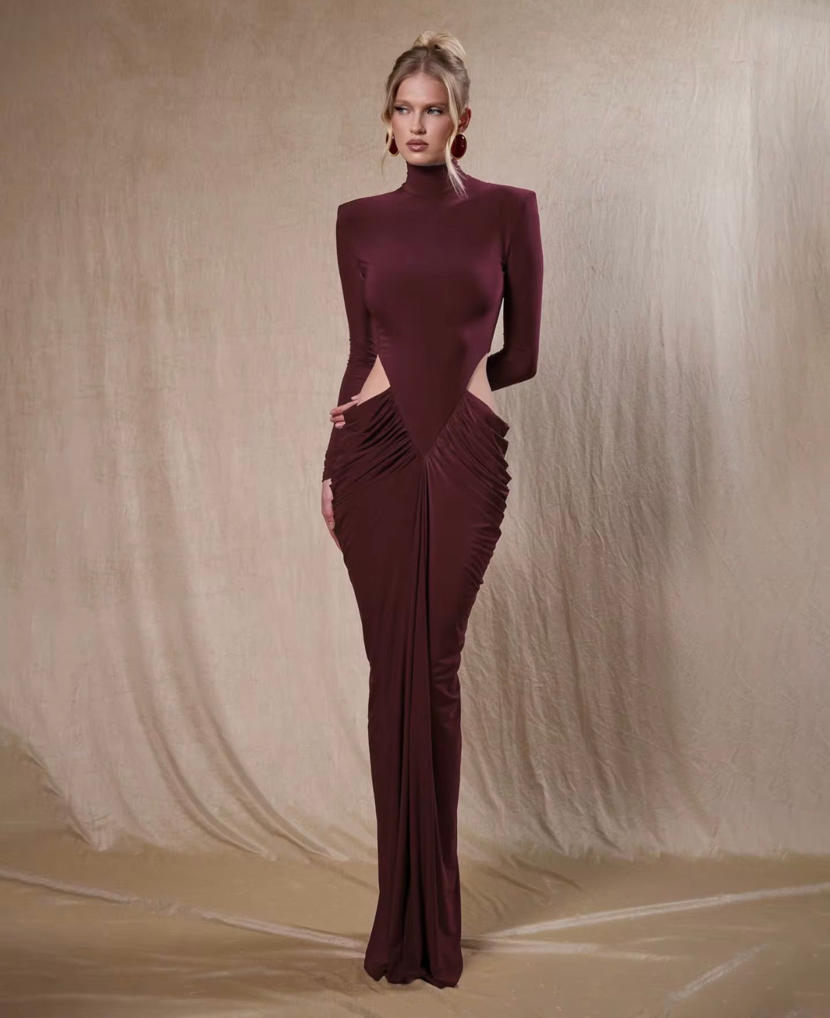 High Neck Cut-Out Ruched Maxi Dress