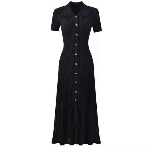 Elegant Ribbed Knit Maxi Dress with Gold Button Front