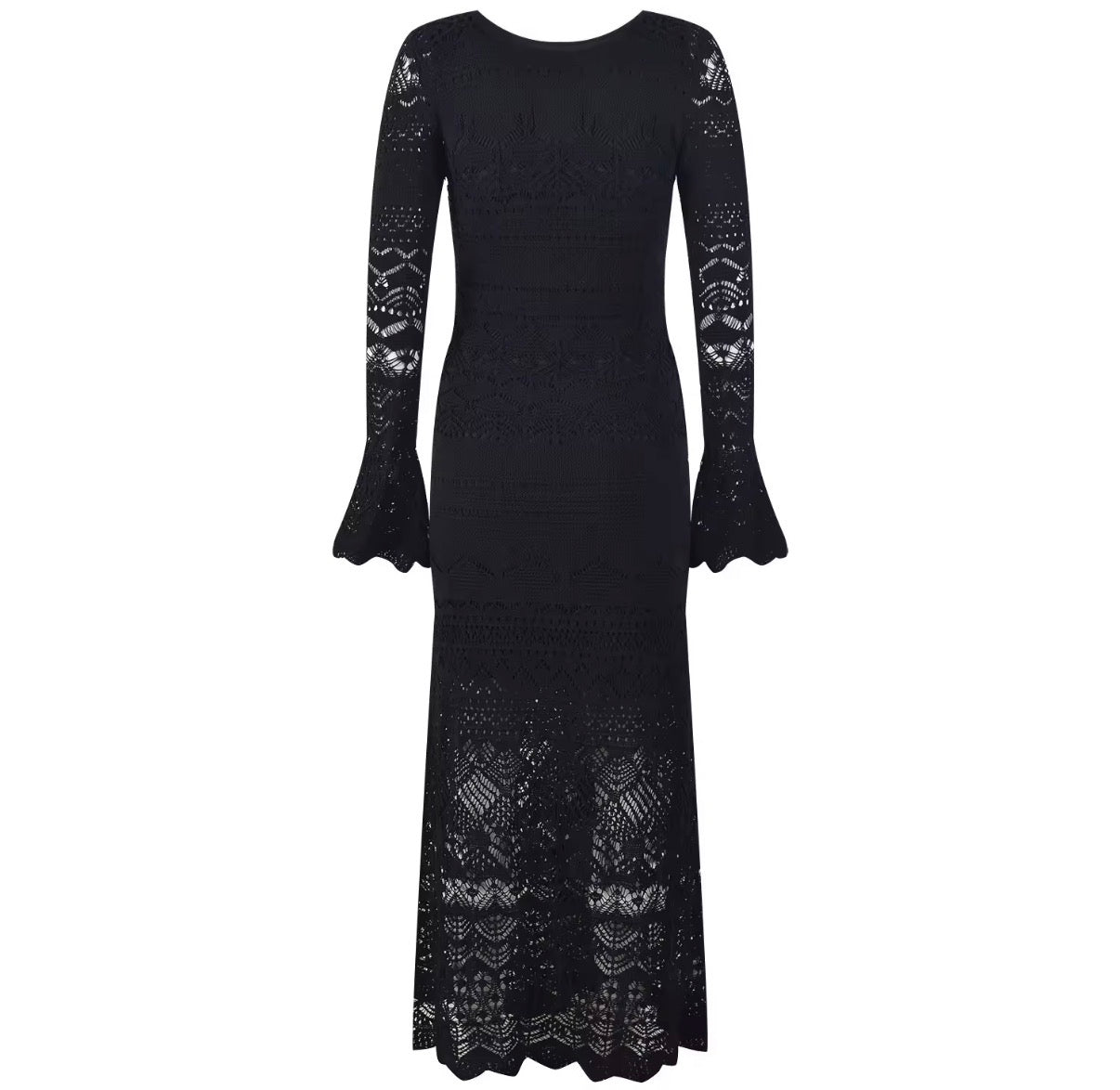 Long Sleeve Lace Knit Maxi Dress with Flared Cuffs