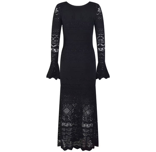 Long Sleeve Lace Knit Maxi Dress with Flared Cuffs