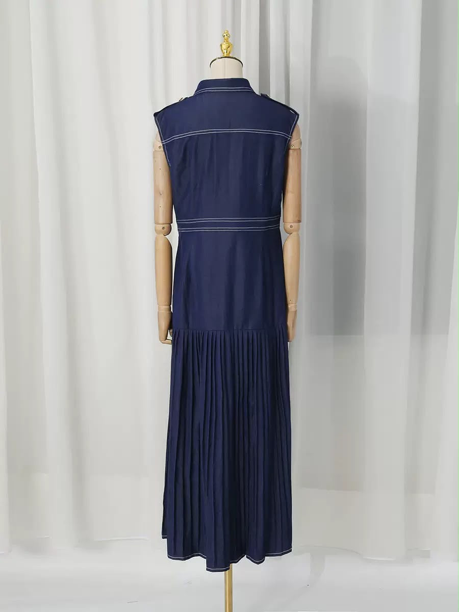 Navy Sleeveless Utility Pleated Maxi Dress