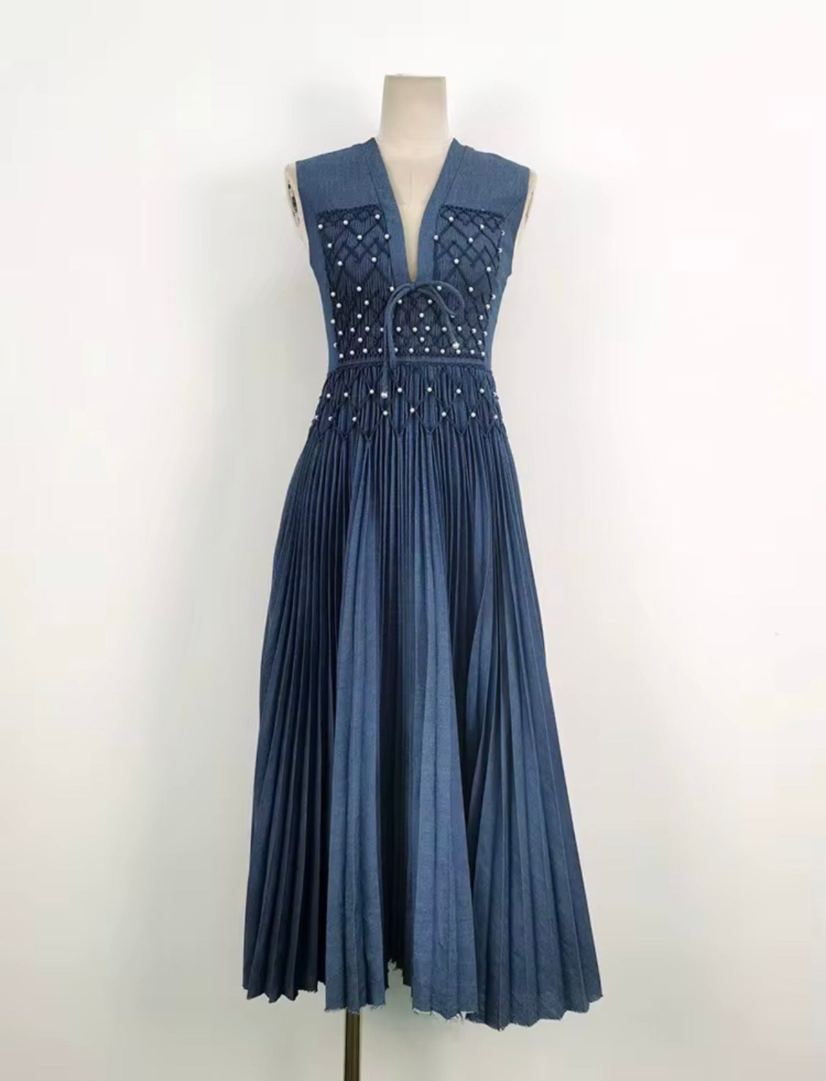 Pearl-Embellished Pleated Midi Dress with Smocked Bodice & Deep V Neckline