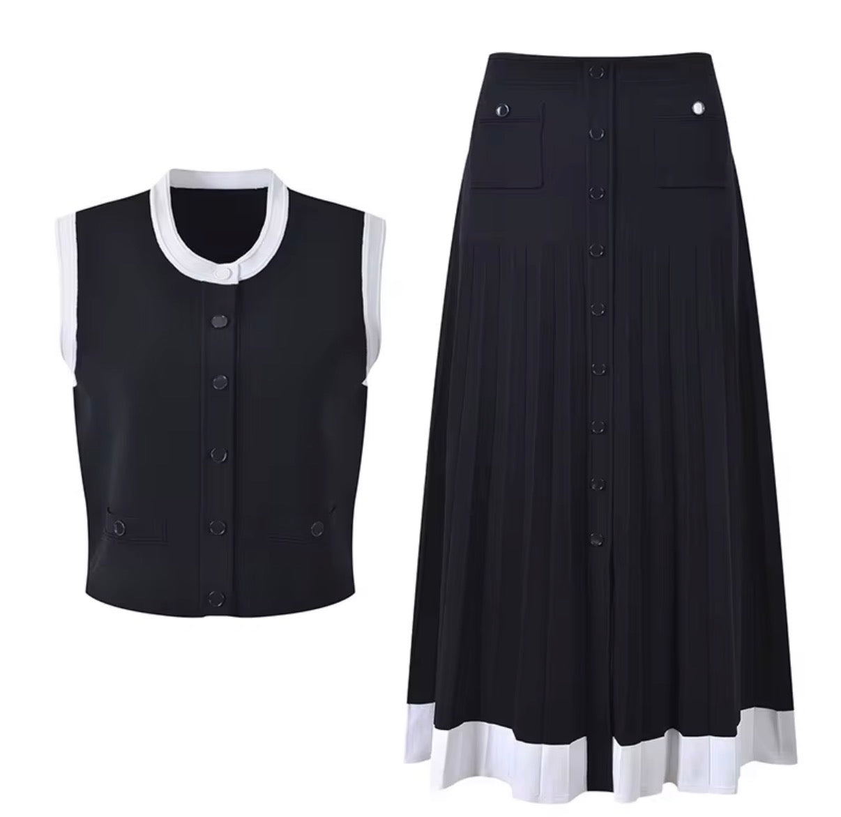 Monochrome Buttoned Vest & Pleated Skirt Set