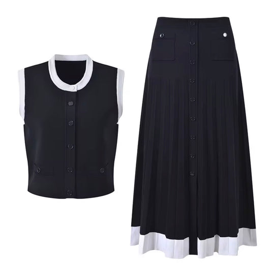 Monochrome Buttoned Vest & Pleated Skirt Set