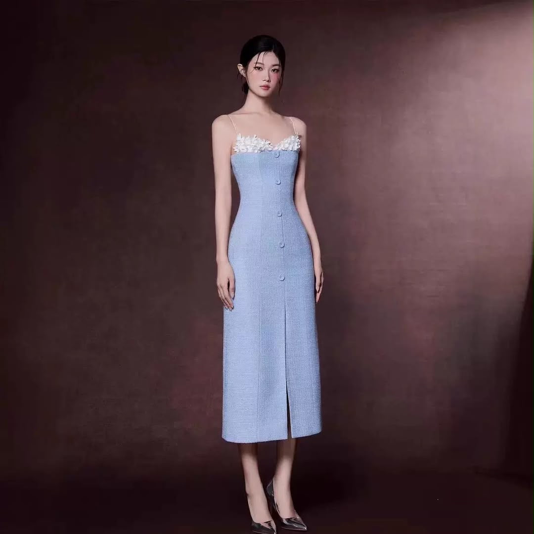 Blue Tweed Floral-Trim Buttoned Maxi Dress