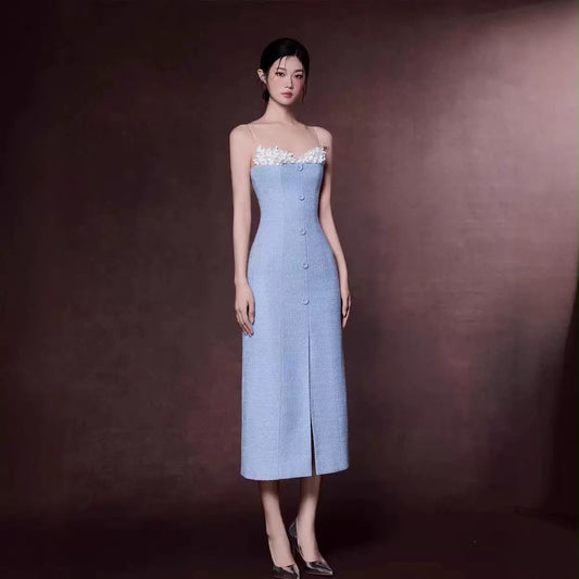 Blue Tweed Floral-Trim Buttoned Maxi Dress