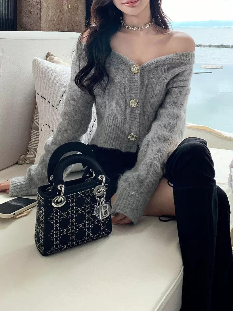 Crystal Kiss Off-Shoulder Knit Cardigan