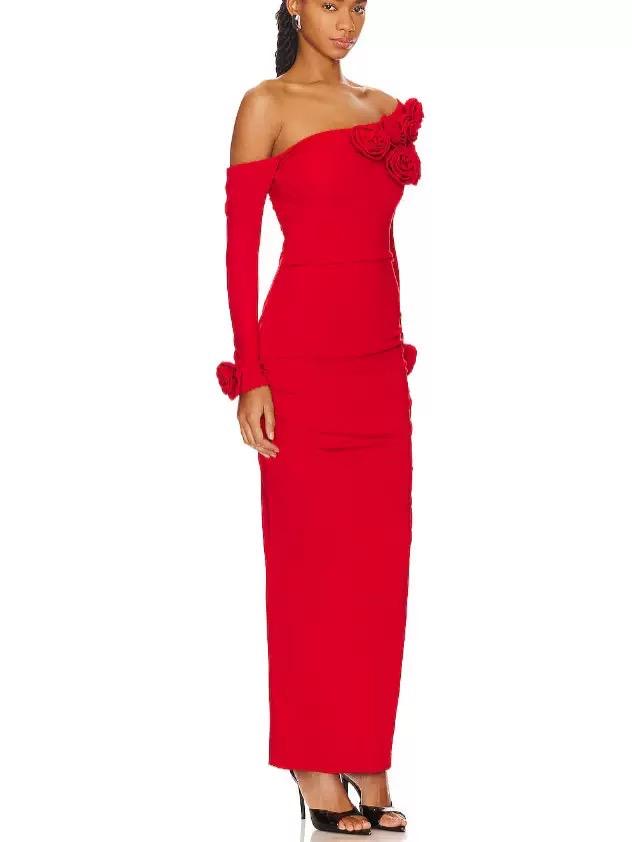 Red Crimson Rose One-Shoulder Sculpted Maxi Dress