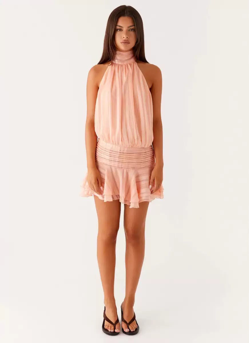 Peach Halter Ruffle Mini Dress