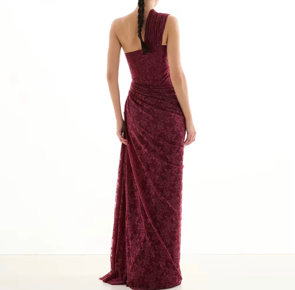 One Shoulder Ruched Lace Maxi Dress