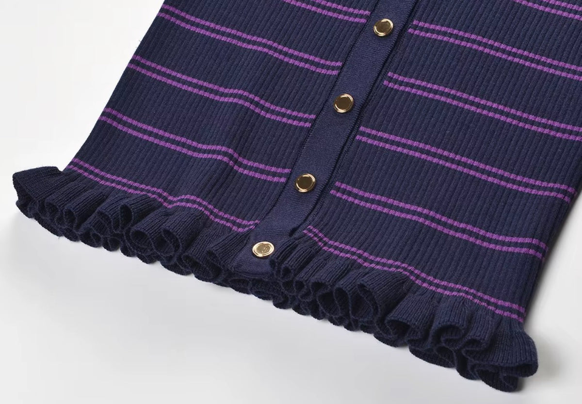 Striped Ruffle Button Knit Cardigan