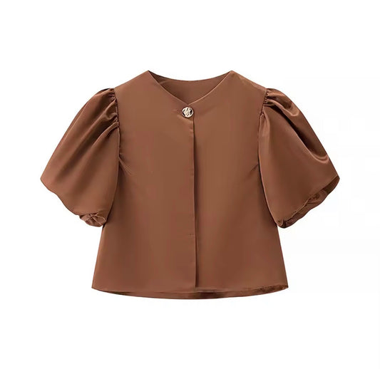 Puff Sleeve Button-Front Satin Top