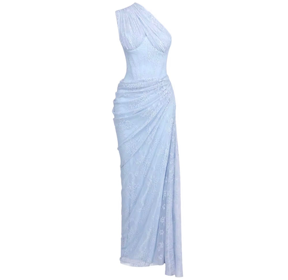 Ice Blue One-Shoulder Lace Gown