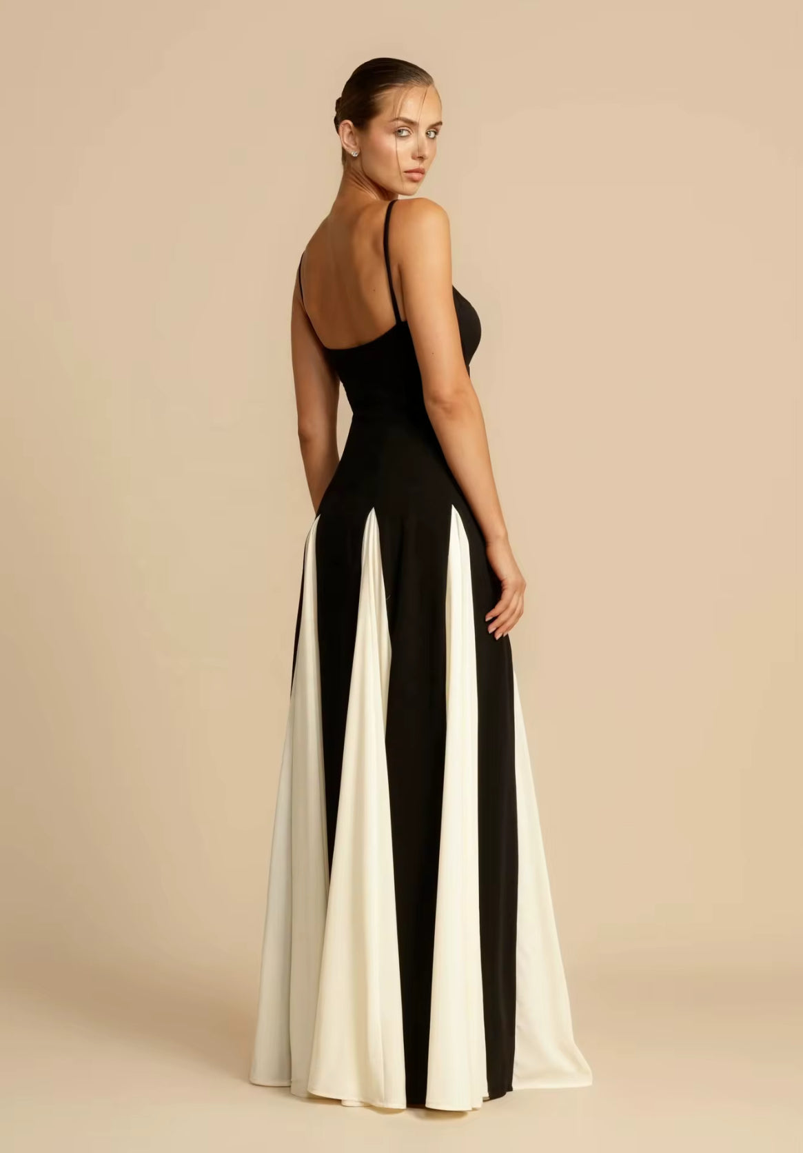 strapless fit dress with flowing contrast panels