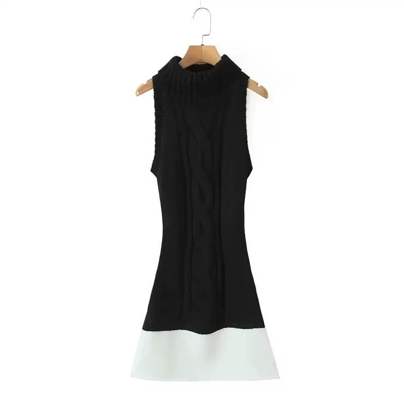 Cable Knit Sleeveless Mini Dress with Contrast Hem