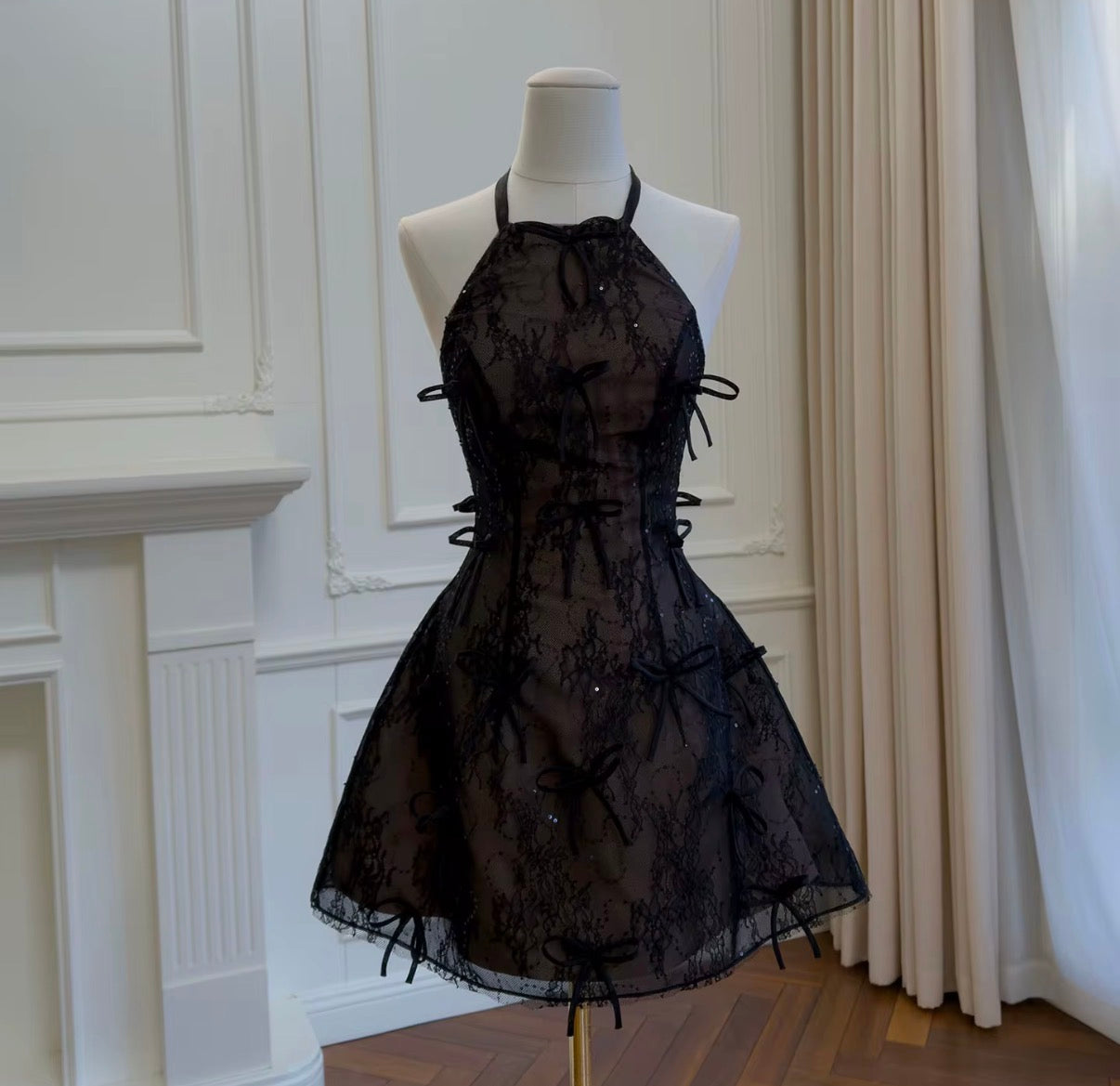 Sheer Lace Halter Corset Bow Dress