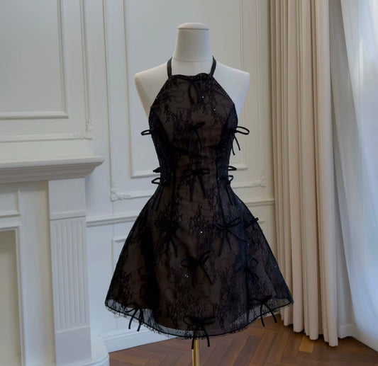 Sheer Lace Halter Corset Bow Dress