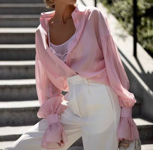 Long Sleeve Sheer Button-Up Blouse