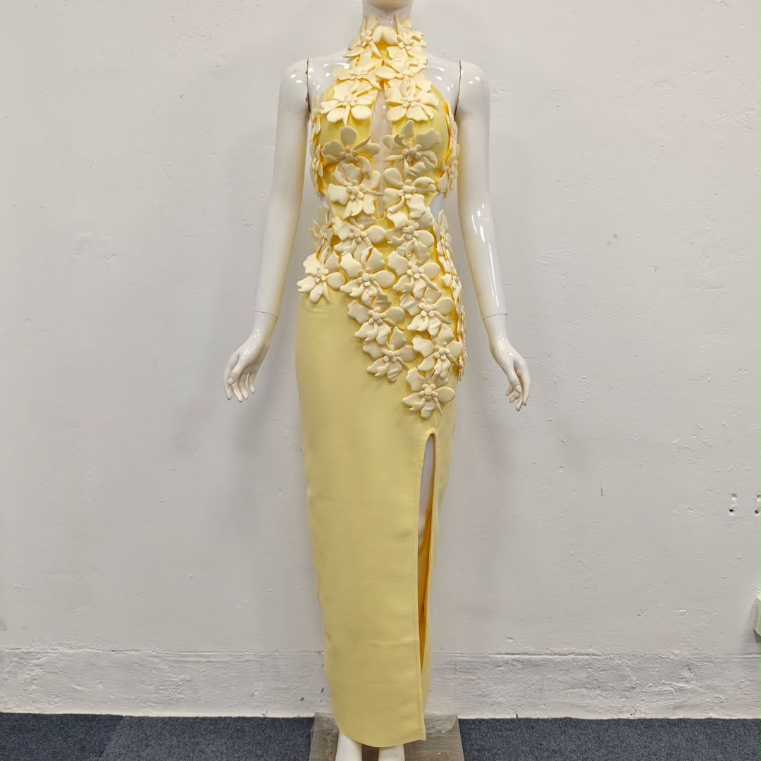 Butter Orchid Halter Gown