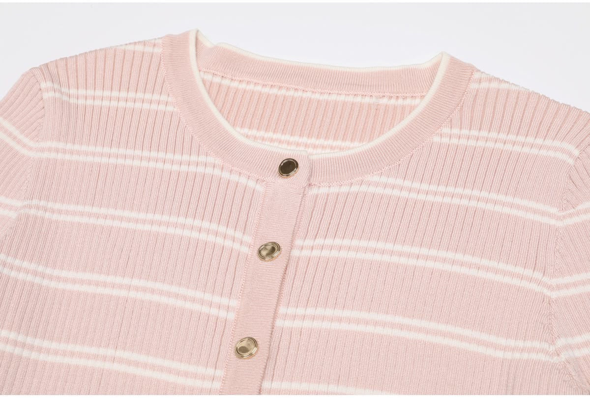 Blush Pink Striped Ruffle Knit Cardigan & Midi Skirt Set