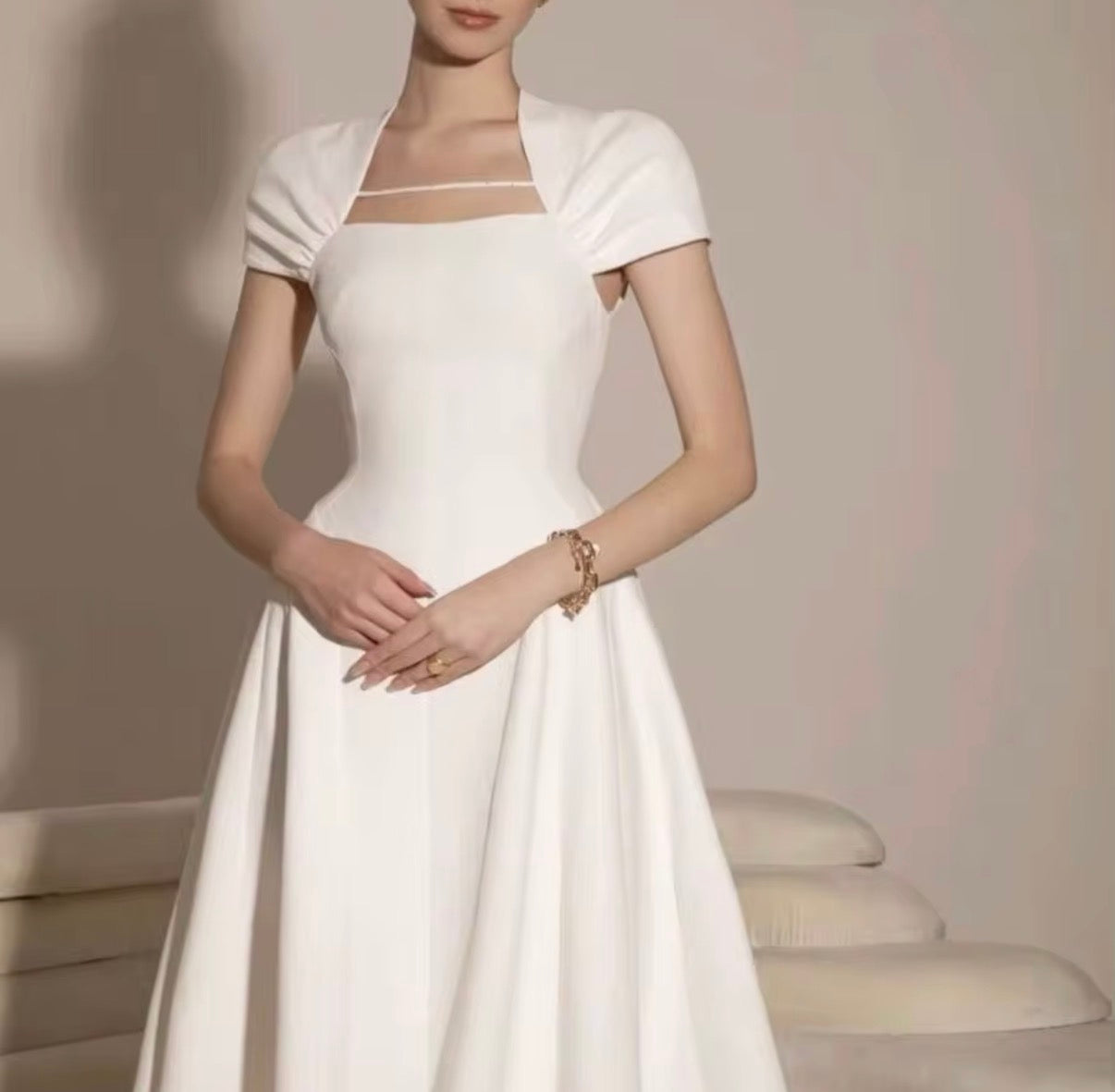 Elegant Ivory Sculpted A-Line Midi Dress with Draped Bolero Sleeves