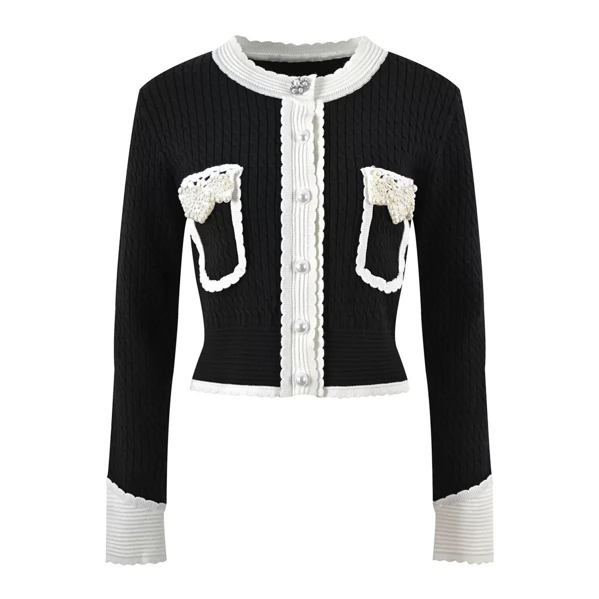 Pearl Embellished Contrast Knit Cardigan
