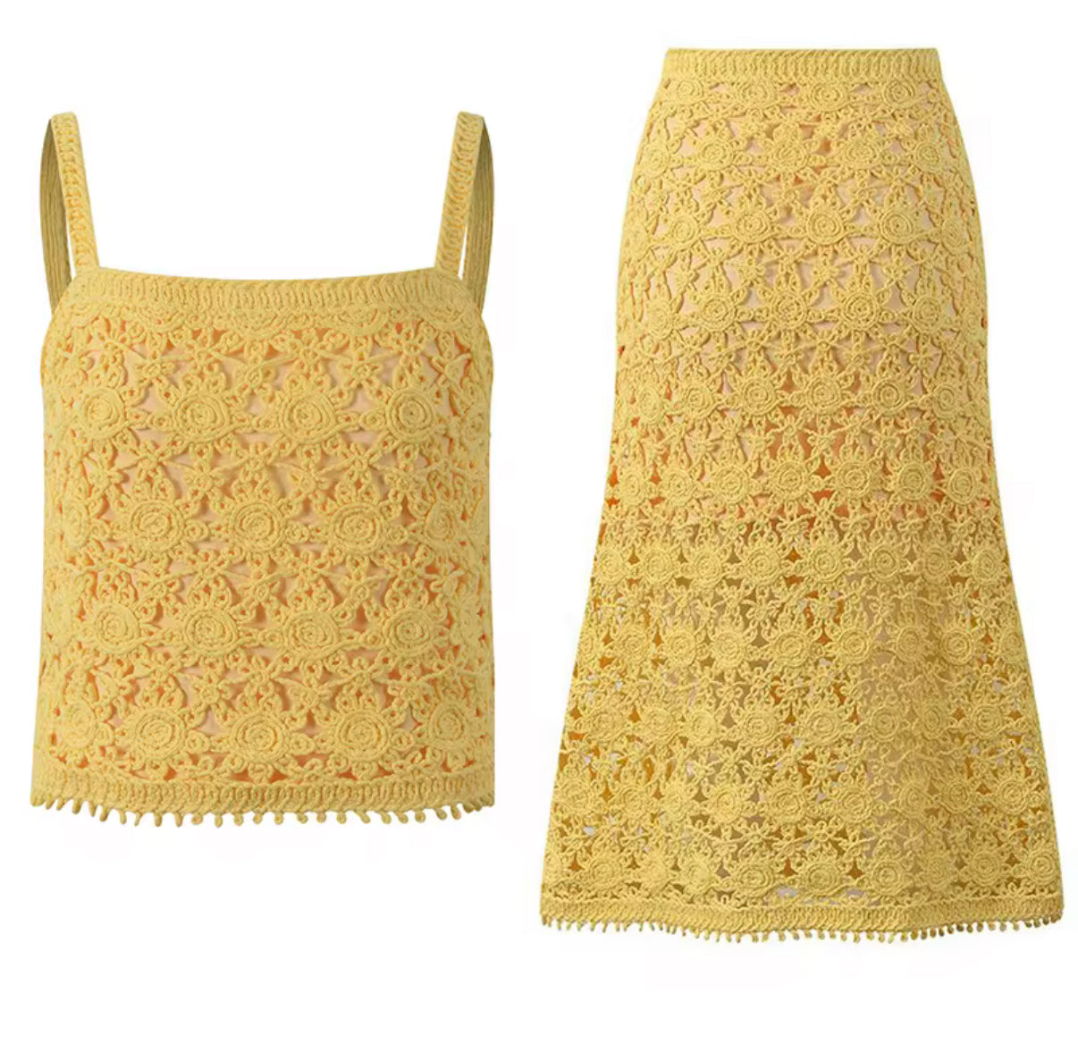 Golden Yellow Crochet Crop & Midi Skirt Set