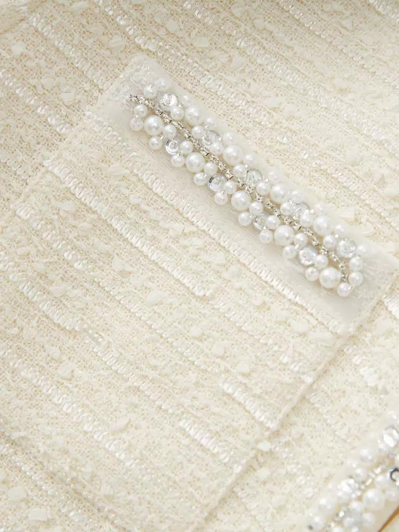 Crystal-Trim Cream Tweed Blazer & Mini Skirt Set