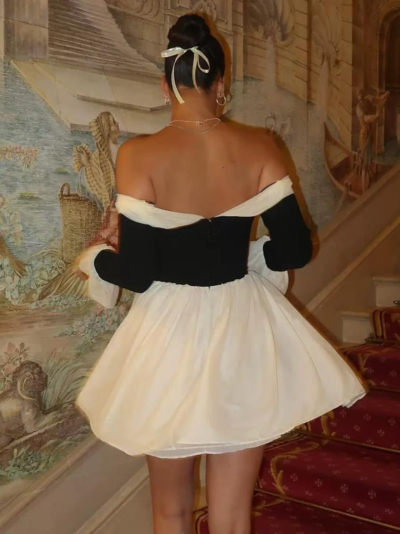 Cream-Black Off-Shoulder Mini Dress with Front Bow and Sheer Ruffled Sleeves
