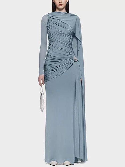 Ethereal Draped Silhouette Maxi Dress with Side Cascade and Gathered Detailing