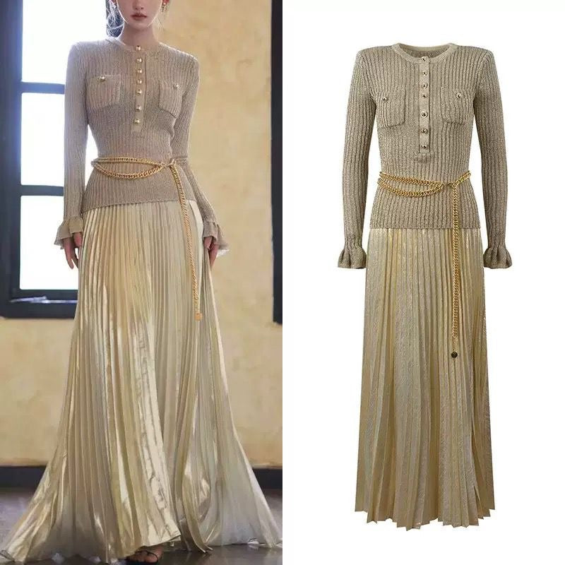 Golden Muse Pleated Maxi Dress