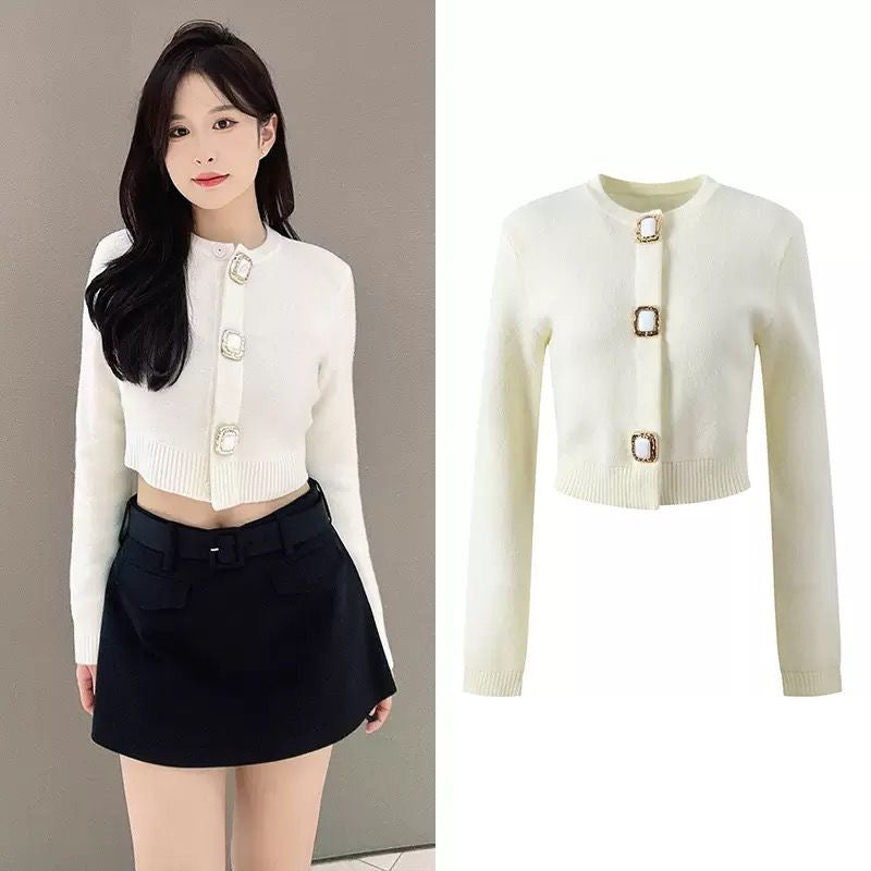 Pearl-Button Cropped Knit Cardigan
