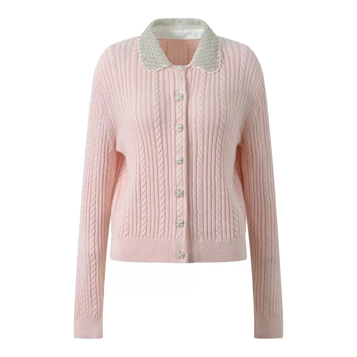Pearl Collar Cable Knit Cardigan